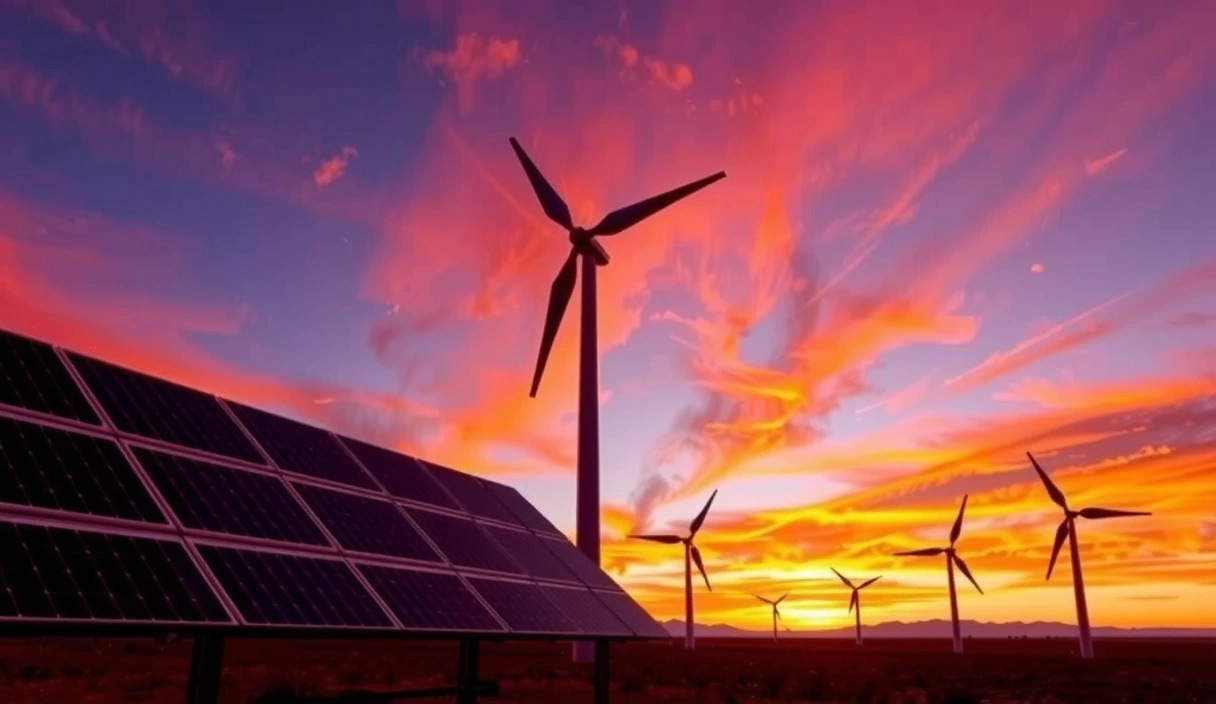 Pannelli solari e turbine eoliche al tramonto, simbolo di energia rinnovabile e sostenibilità.