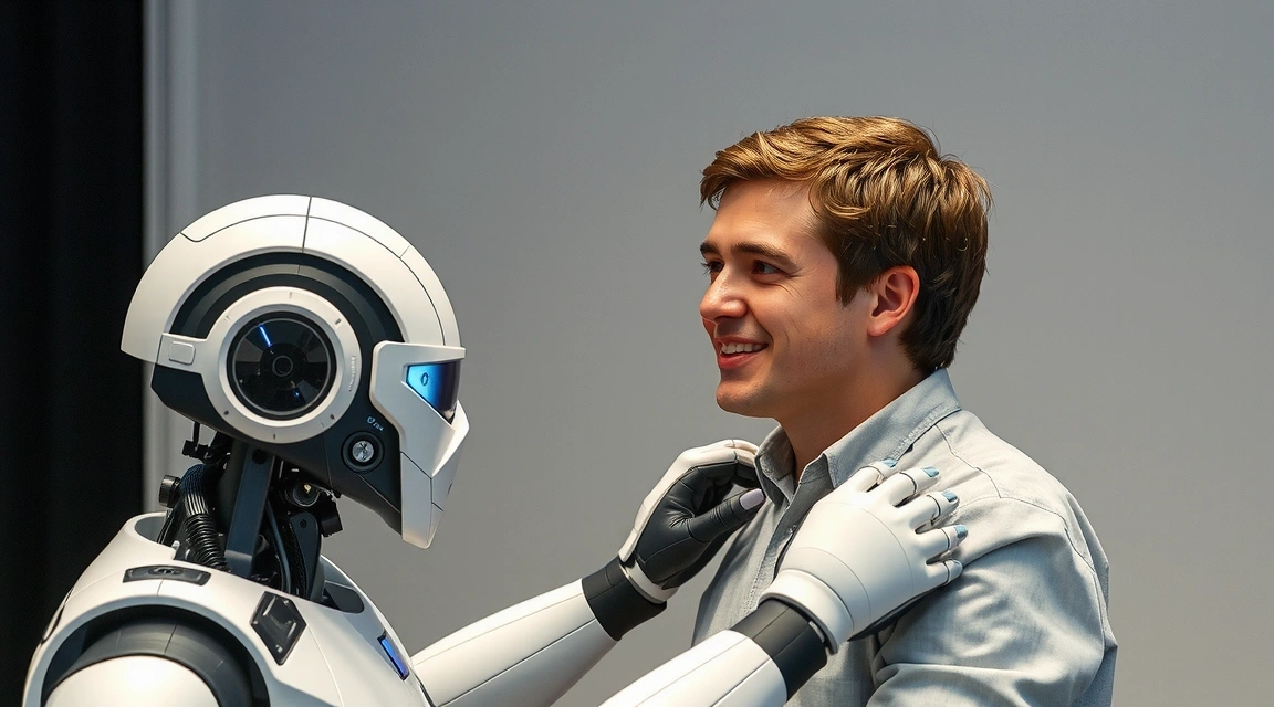 Un robot avanzato che interagisce con un essere umano, simbolo di intelligenza artificiale e innovazione tecnologica.