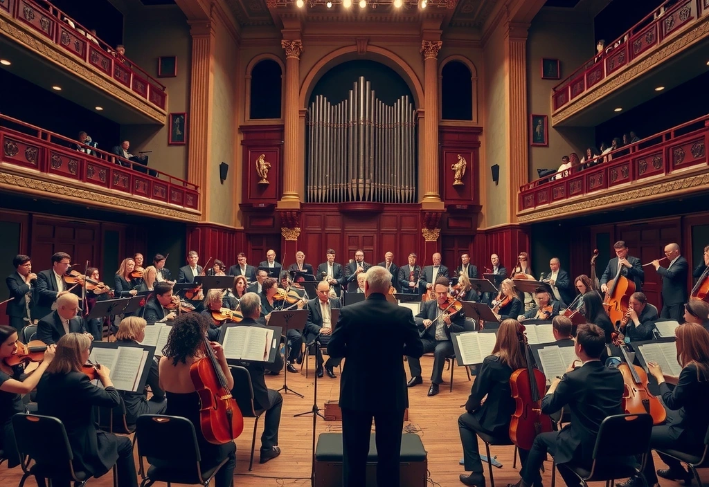Un'orchestra sinfonica che si esibisce in un'elegante sala da concerto.