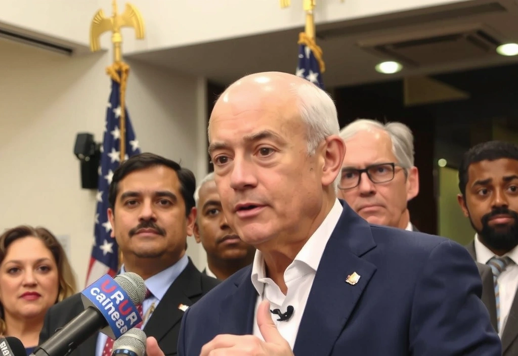 Conferenza stampa di un politico con microfoni